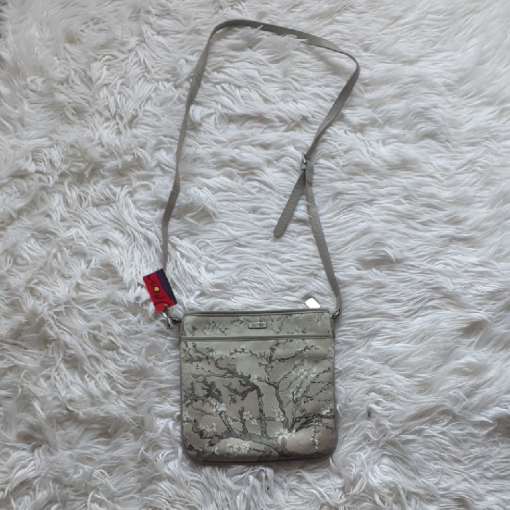 Jeon Los Angeles Beige Leather Vincent Van Gogh Almond Blossoms Crossbody Bag